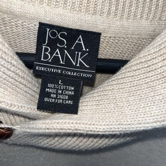 Jos A Bank Shawl Collar Sweater Men L Pullover LS Oatmeal Leather Button - Picture 3 of 4